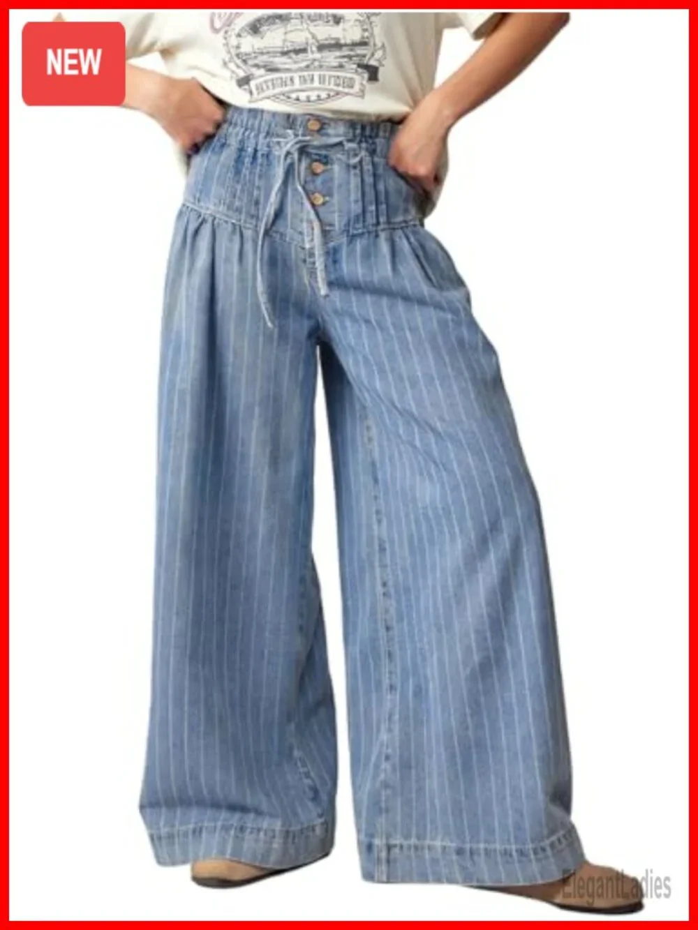Baggy Wide Leg Denim Jeans with Drawstring Waist Ruffle Pleated Flare Pants